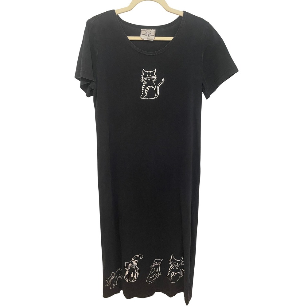 Vintage Cat Graphic T-Shirt Maxi Dress Studio Ease Black Short Sleeve Large